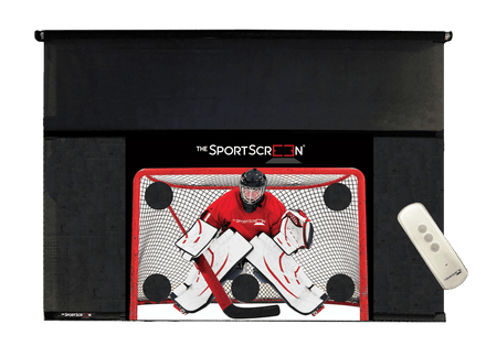 The 10ft Remote Control Hockey SportScreen a retractable screen designed for hockey, featuring a remote control for easy operation and durable construction.