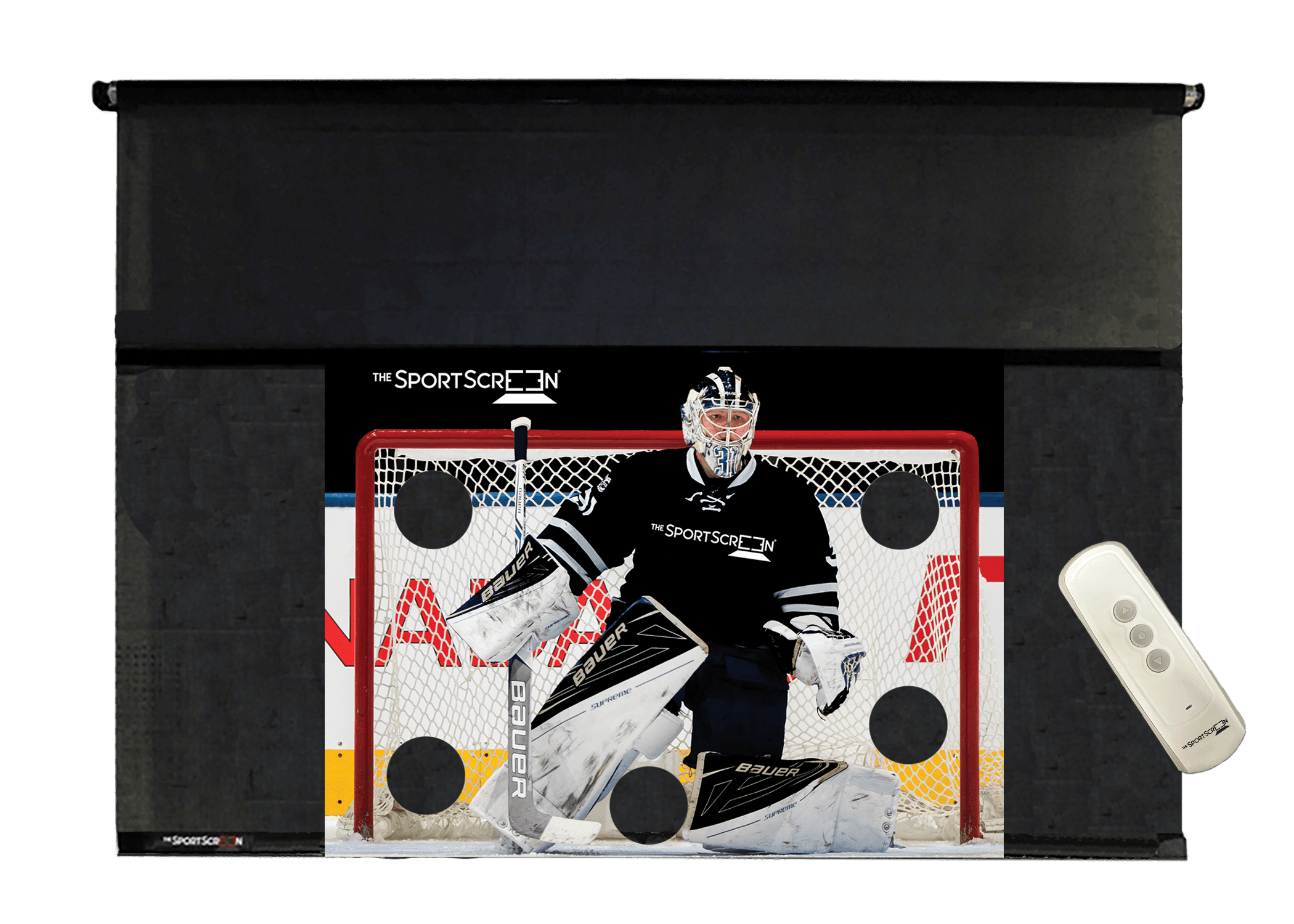 The 10ft Remote Control Hockey SportScreen – a retractable screen designed for hockey, featuring a remote control for easy operation and durable construction.