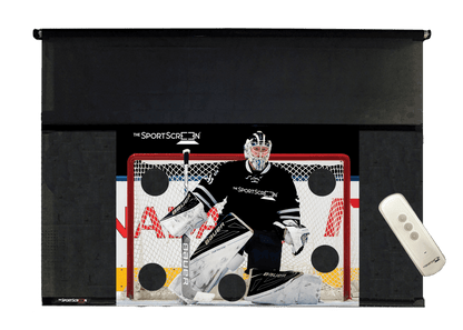 10ft Remote Control Hockey SportScreen, retractable hockey shooting tarp with black target