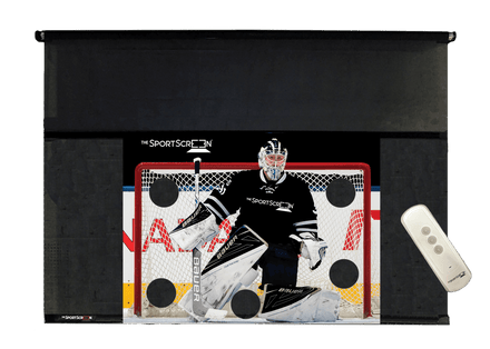 The 10ft Remote Control Hockey SportScreen a retractable screen designed for hockey, featuring a remote control for easy operation and durable construction.