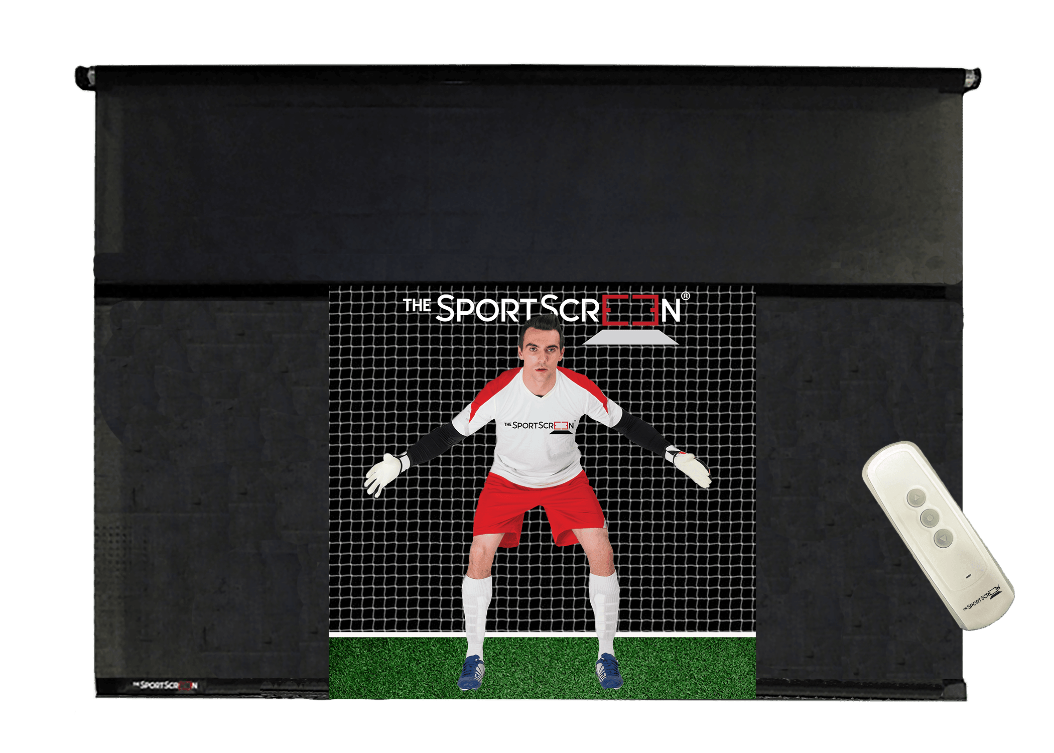 The 10ft Remote Control Soccer SportScreen – a retractable screen designed for soccer, featuring a remote control for easy operation and durable construction.