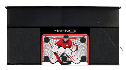 The 16ft Hand Crank Hockey SportScreen a retractable screen designed for hockey, featuring a hand crank for easy operation and durable construction.