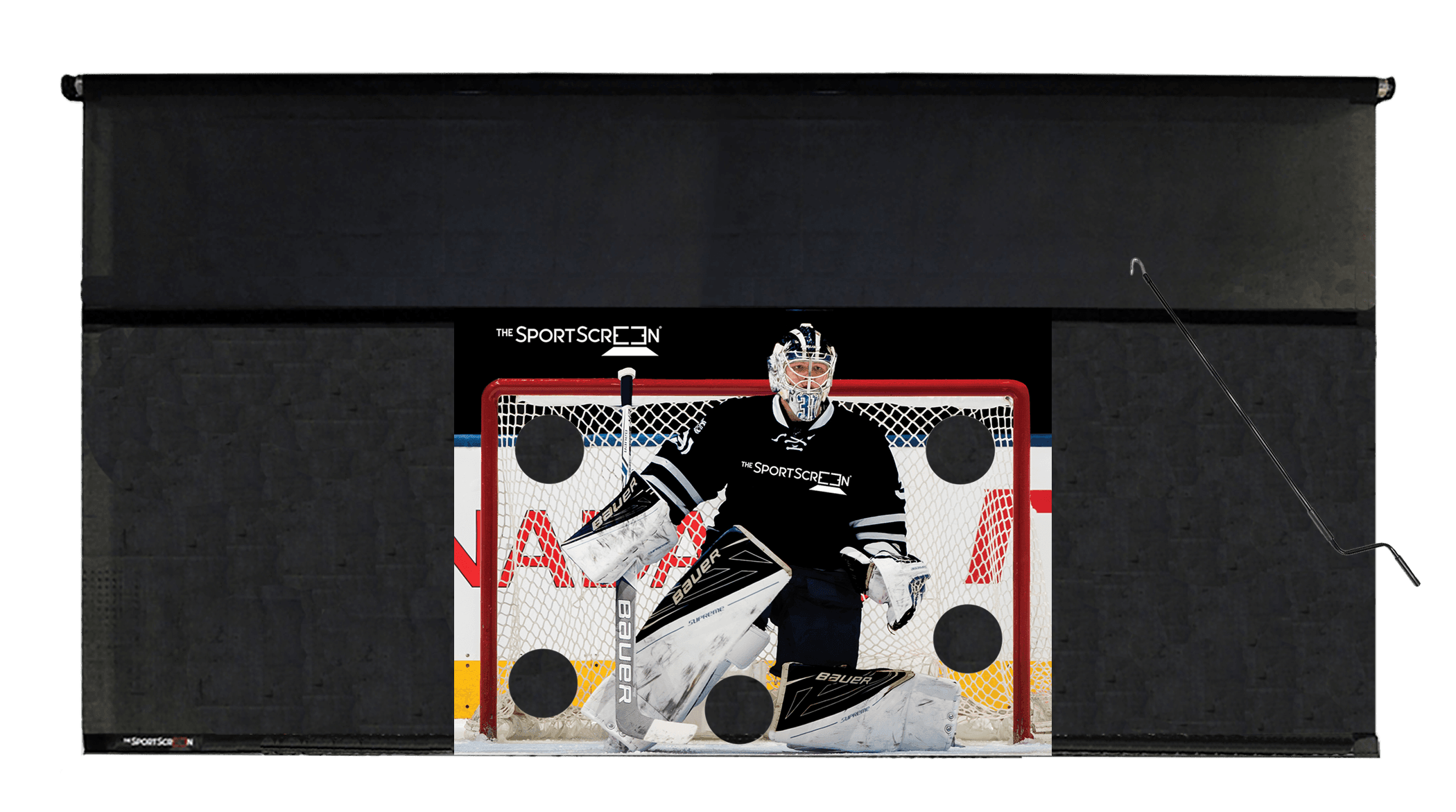 The 16ft Hand Crank Hockey SportScreen – a retractable screen designed for hockey, featuring a hand crank for easy operation and durable construction.