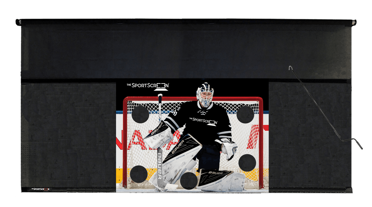 16ft Hand Crank Hockey SportScreen, retractable hockey shooting tarp with black target