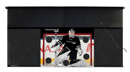 16ft Hand Crank Hockey SportScreen, retractable hockey shooting tarp with black target