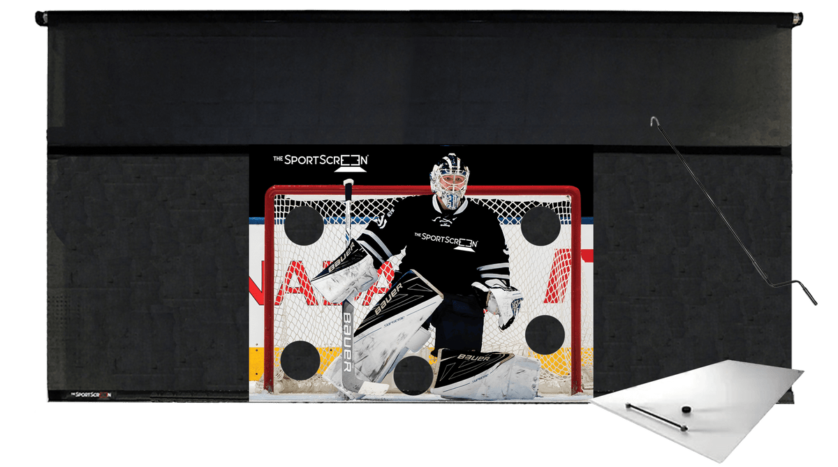 16ft Hand Crank SportScreen Shooting Pad Bundle: hockey shooting tarp with black target and shooting pad