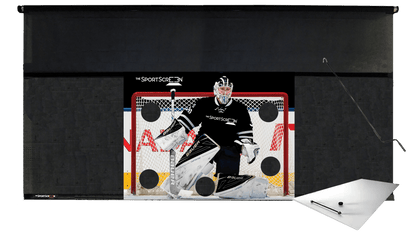 16ft Hand Crank SportScreen Shooting Pad Bundle: hockey shooting tarp with black target and shooting pad