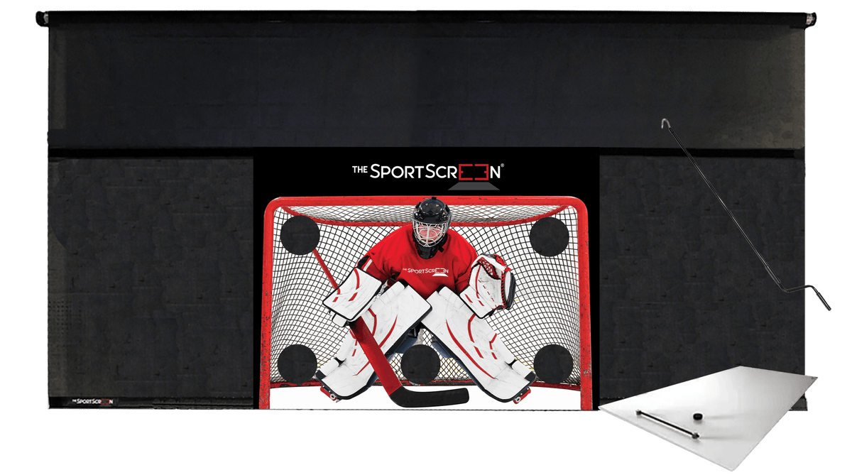 16ft Hand Crank SportScreen Shooting Pad Bundle: hockey shooting tarp with red target and shooting pad