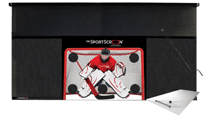 16ft Hand Crank SportScreen Shooting Pad Bundle: hockey shooting tarp with red target and shooting pad