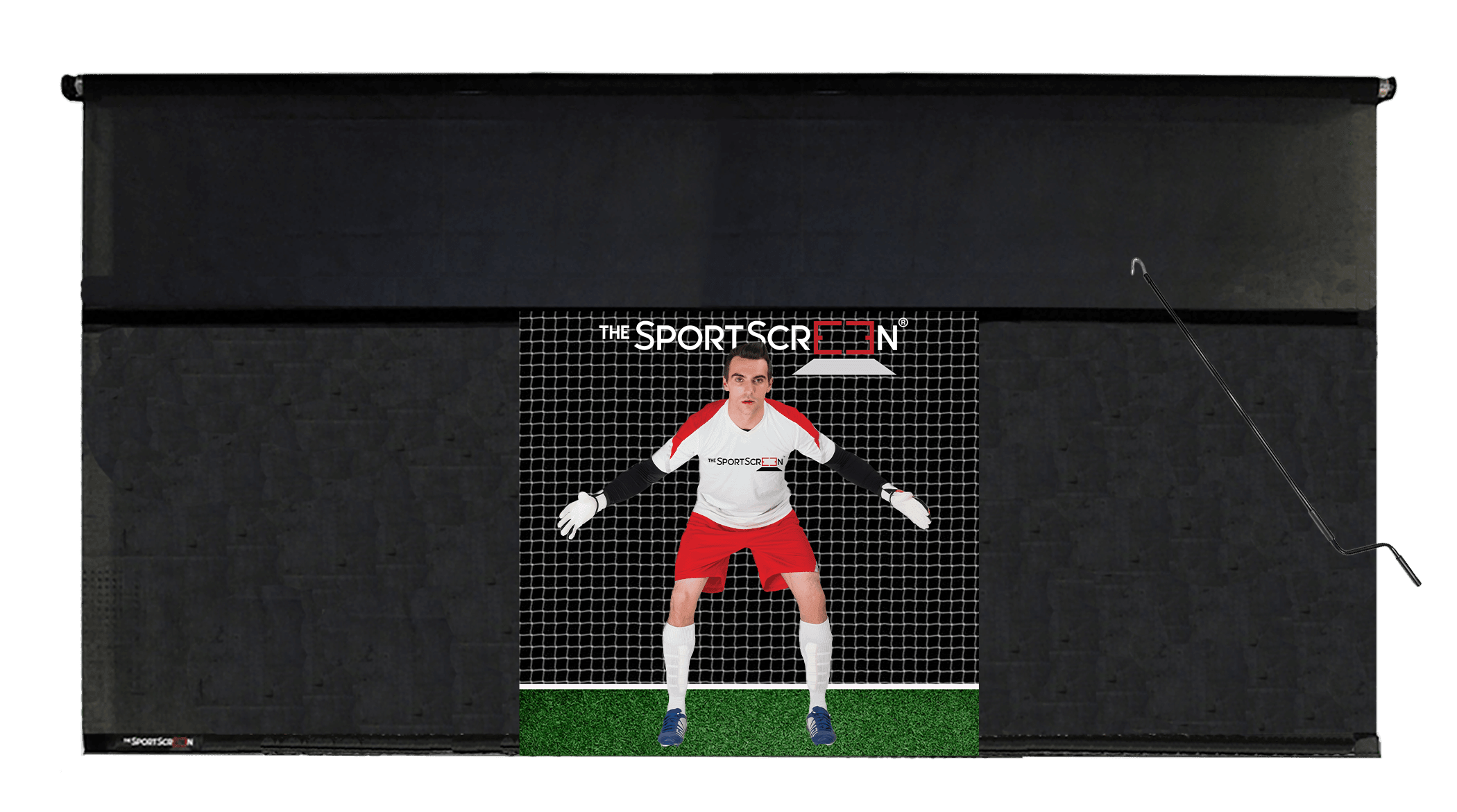 The 16ft Hand Crank Soccer SportScreen – a retractable screen designed for soccer, featuring a hand crank for easy operation and durable construction.