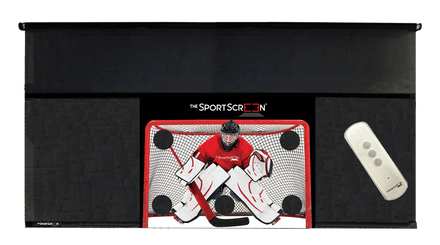 The 16ft Remote Control Hockey SportScreen a retractable screen designed for hockey, featuring a remote control for easy operation and durable construction.