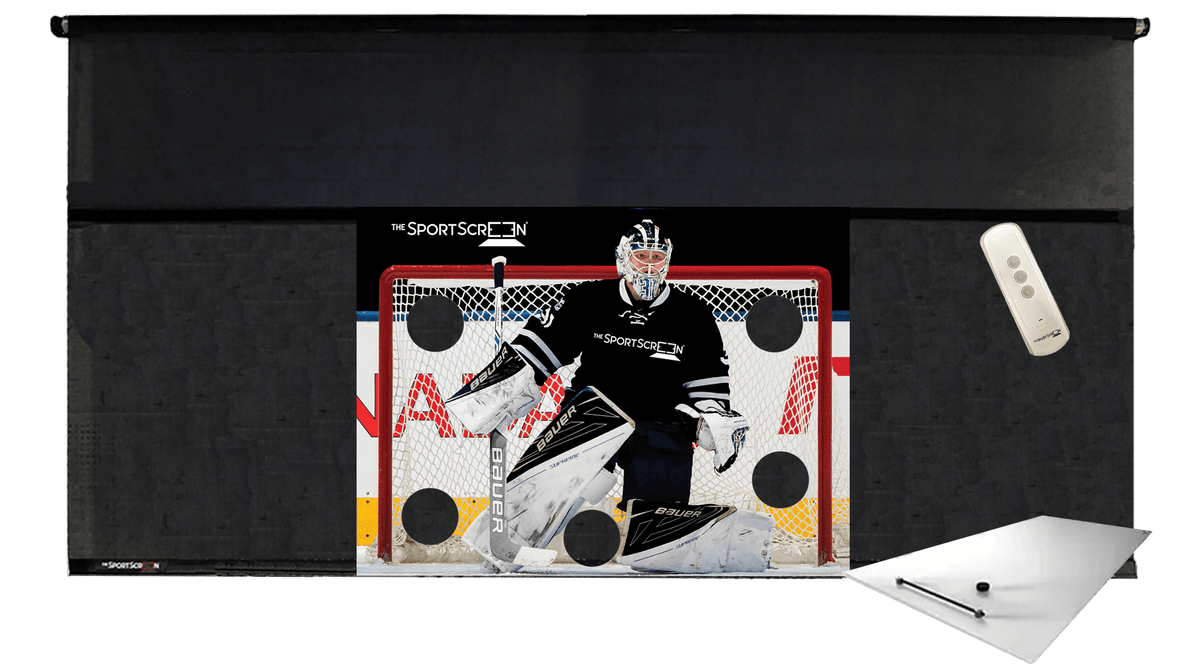 16ft Remote Control SportScreen Shooting Pad Bundle: hockey shooting tarp with black target and shooting pad