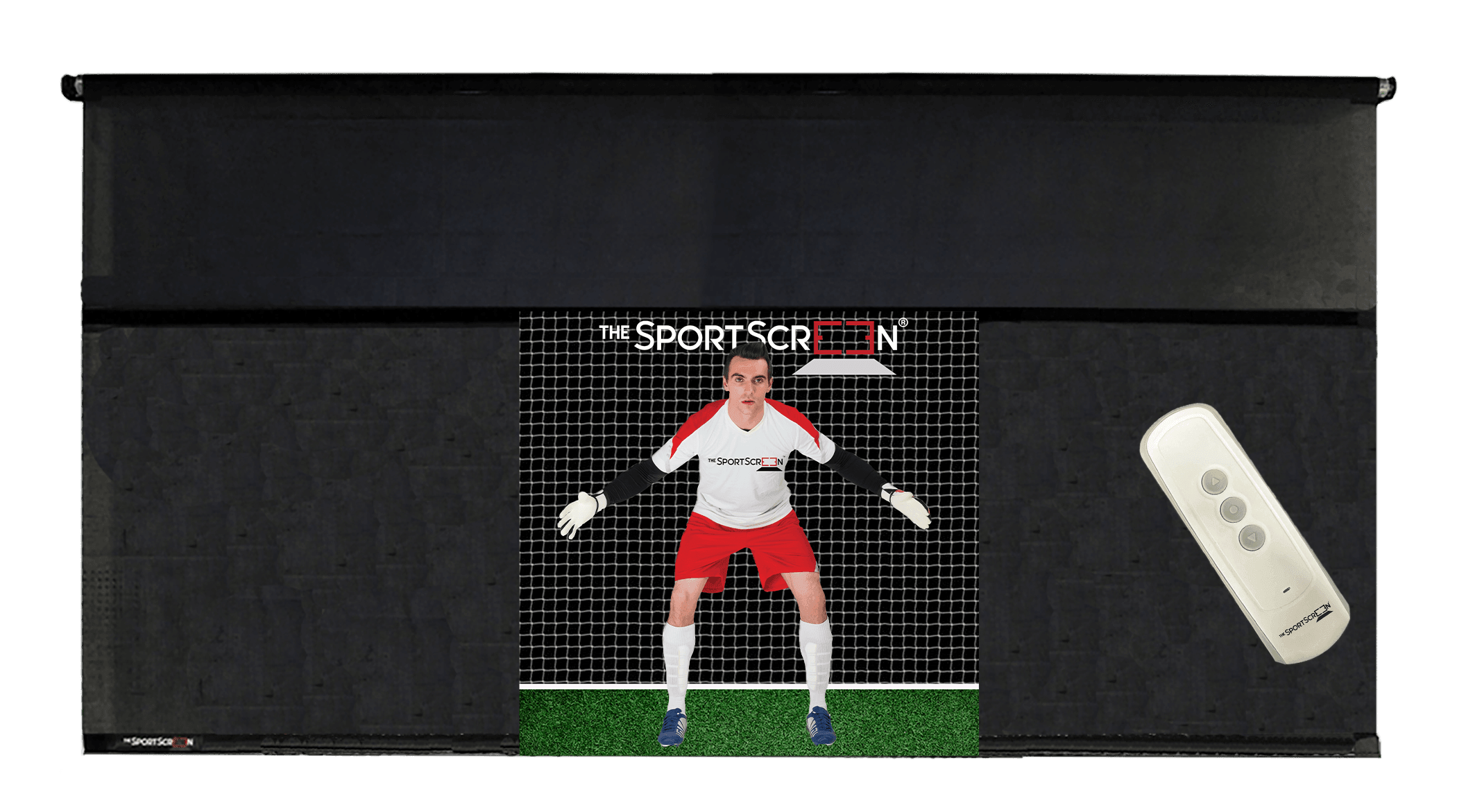 The 16ft Remote Control Soccer SportScreen – a retractable screen designed for soccer, featuring a remote control for easy operation and durable construction.