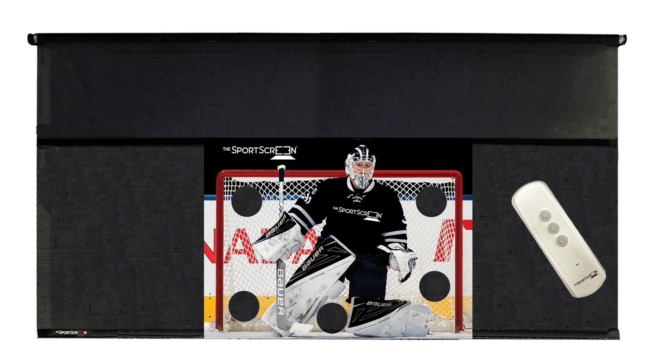 The 16ft Remote Control Hockey SportScreen – a retractable screen designed for hockey, featuring a remote control for easy operation and durable construction.