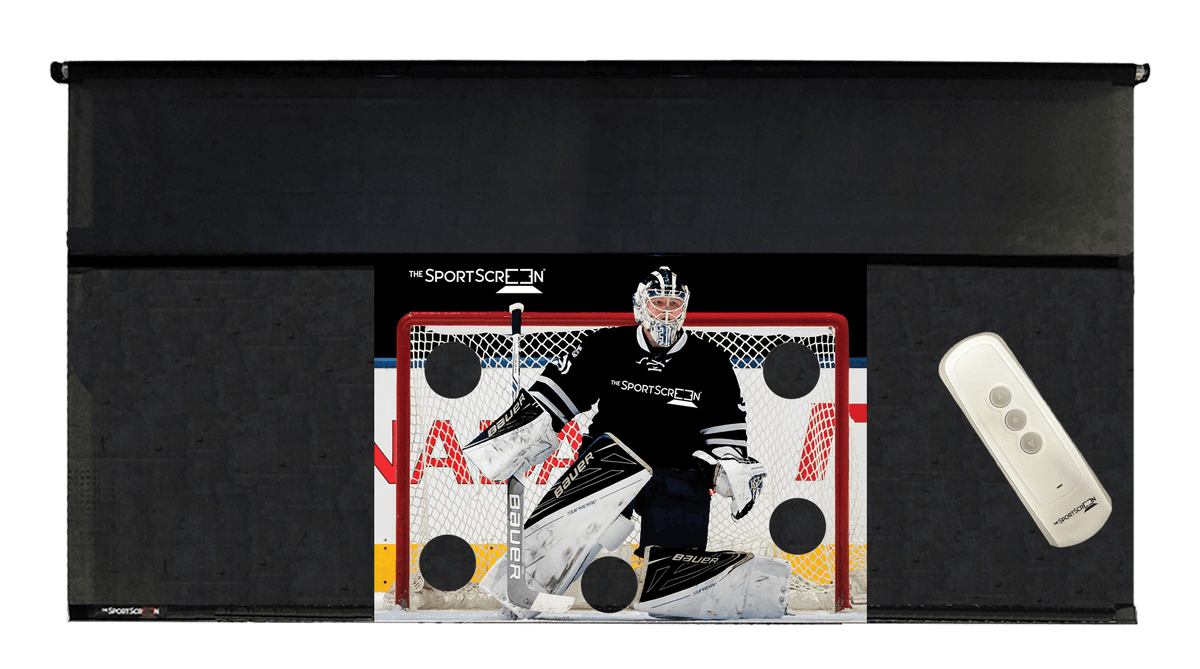16ft Remote Control Hockey SportScreen, retractable hockey shooting tarp with black target