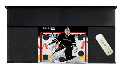 16ft Remote Control Hockey SportScreen, retractable hockey shooting tarp with black target