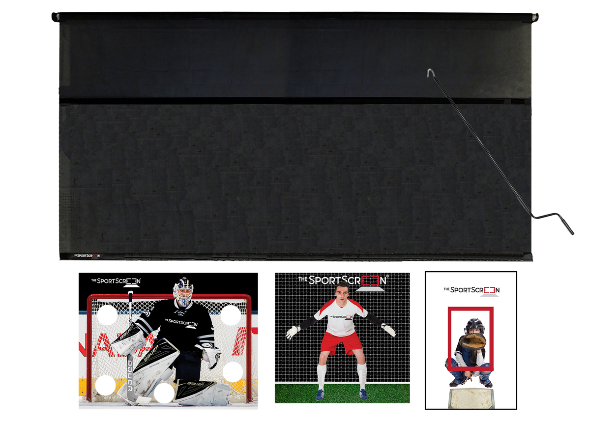 16ft Hand Crank Multi-Sport SportScreen Bundle with black hockey, baseball and soccer velcro targets