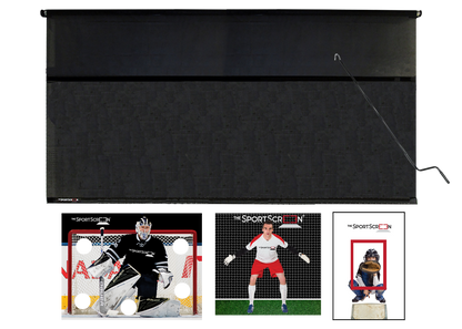 16ft Hand Crank Multi-Sport SportScreen Bundle with black hockey, baseball and soccer velcro targets