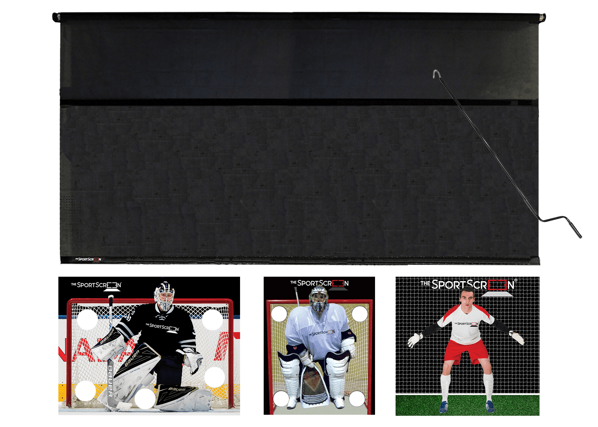 The 16ft Hand Crank MultiSport SportScreen comes with 3 targets of your choice, black hockey, lacrosse and soccer and which velcro to the retractable screen designed for shooting and passing and  featuring a hand crank for easy operation and durable construction.