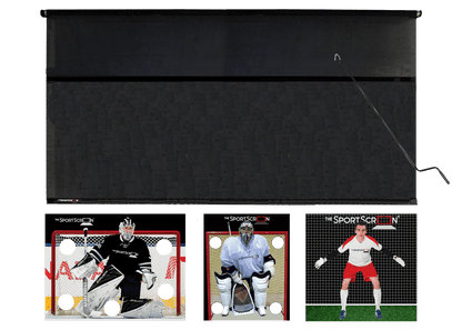 16ft Hand Crank Multi-Sport SportScreen Bundle with black hockey, lacrosse and soccer velcro targets