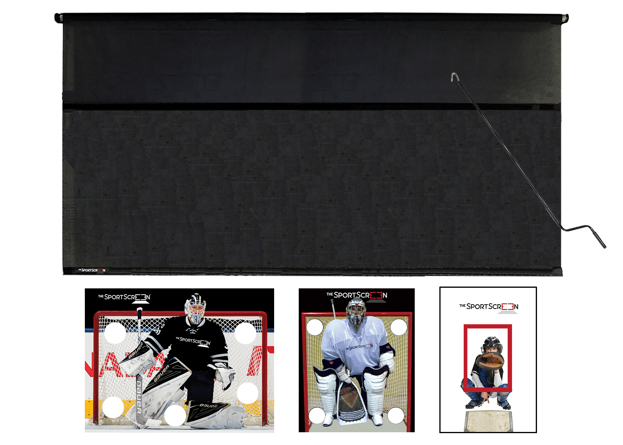 The 16ft Hand Crank MultiSport SportScreen comes with 3 targets of your choice, black hockey, baseball and lacrosse and which velcro to the retractable screen designed for shooting and passing and  featuring a hand crank for easy operation and durable construction.