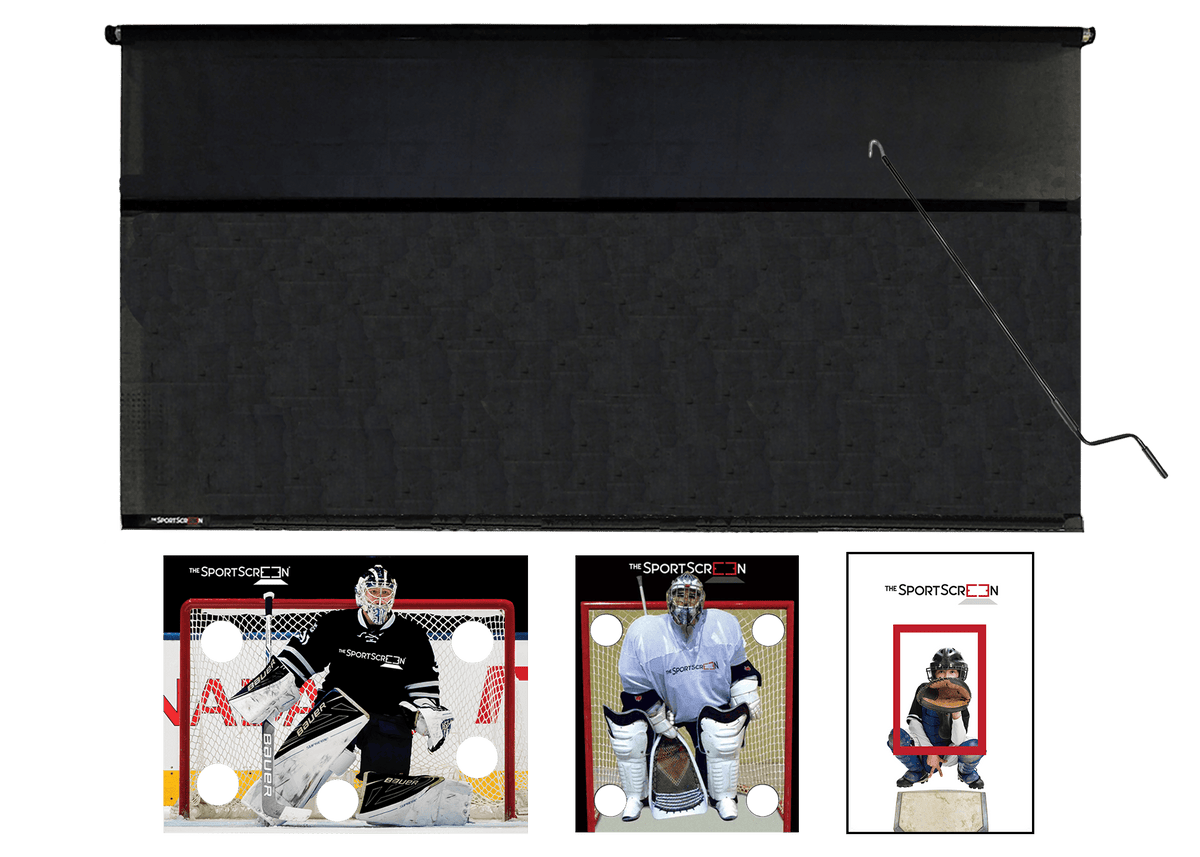 16ft Hand Crank Multi-Sport SportScreen Bundle with black hockey, baseball and lacrosse velcro targets