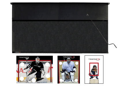 16ft Hand Crank Multi-Sport SportScreen Bundle with black hockey, baseball and lacrosse velcro targets