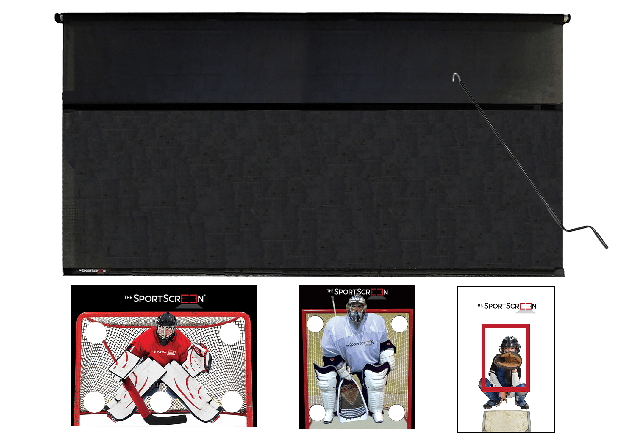 The 16ft Hand Crank MultiSport SportScreen comes with 3 targets of your choice, lacrosse, baseball and red hockey and which velcro to the retractable screen designed for shooting and passing and  featuring a hand crank for easy operation and durable construction.