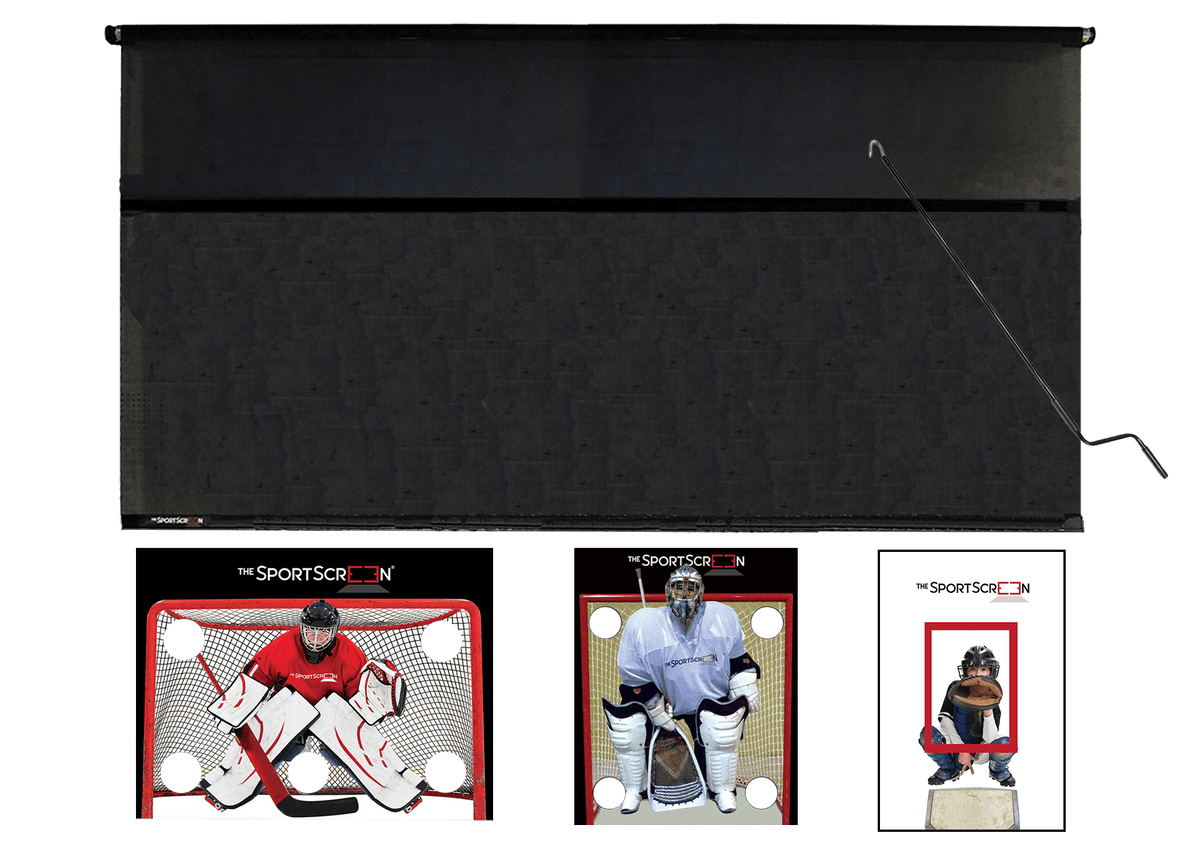 16ft Hand Crank Multi-Sport SportScreen Bundle with red hockey, baseball and lacrosse velcro targets