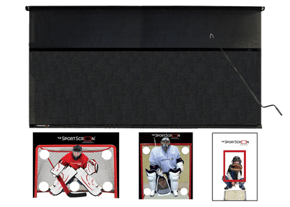 16ft Hand Crank Multi-Sport SportScreen Bundle with red hockey, baseball and lacrosse velcro targets