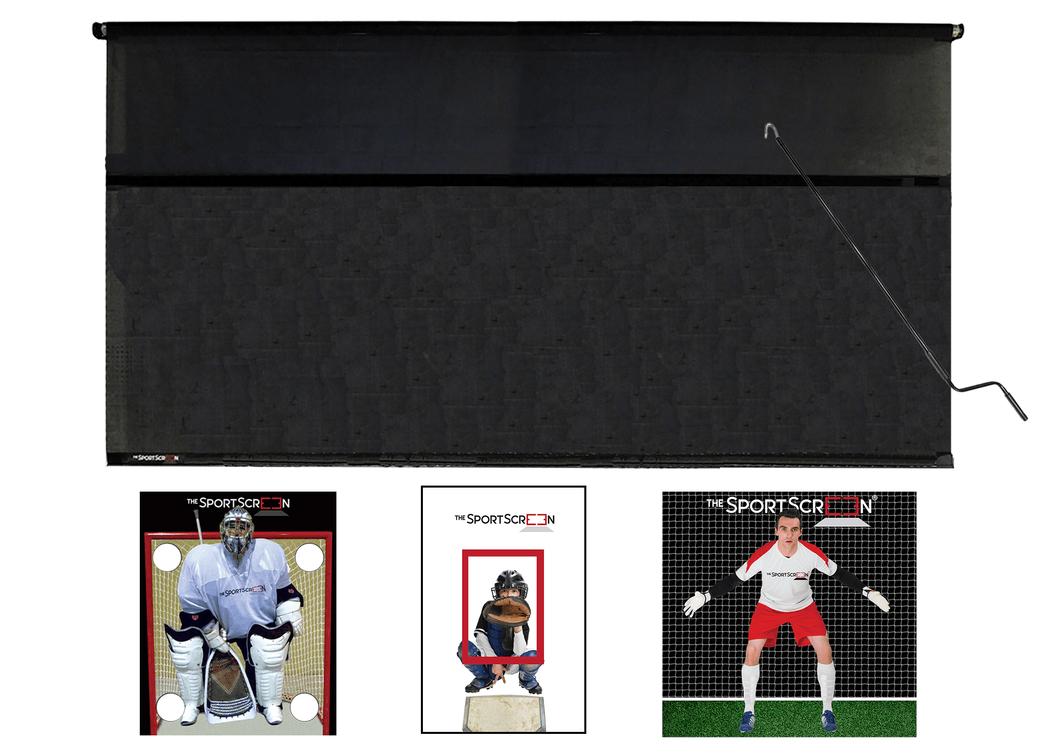 The 16ft Hand Crank MultiSport SportScreen comes with 3 targets of your choice, lacrosse, baseball and soccer and which velcro to the retractable screen designed for shooting and passing and  featuring a hand crank for easy operation and durable construction.