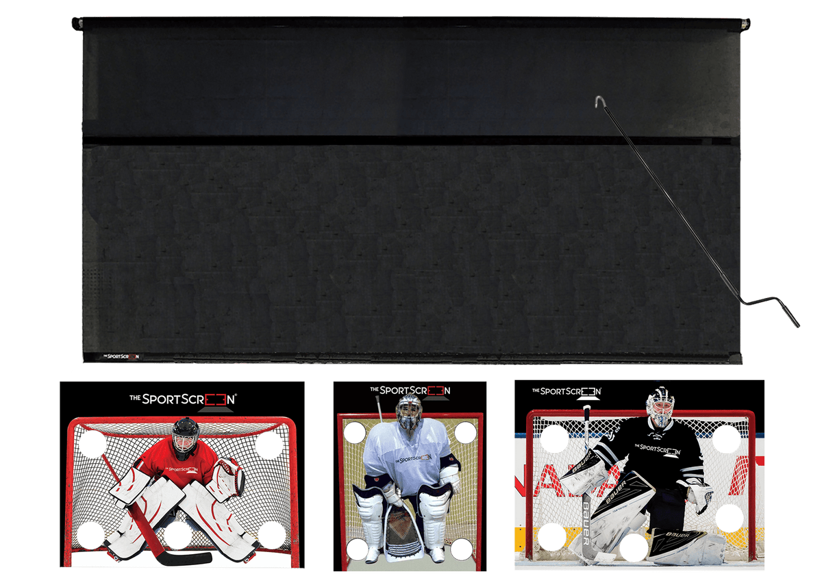 16ft Hand Crank Multi-Sport SportScreen Bundle with red hockey, black hockey and lacrosse velcro targets