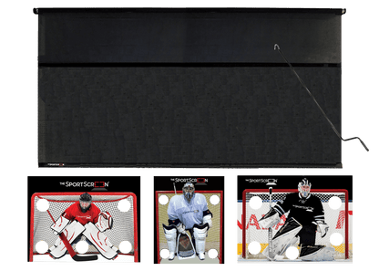 16ft Hand Crank Multi-Sport SportScreen Bundle with red hockey, black hockey and lacrosse velcro targets
