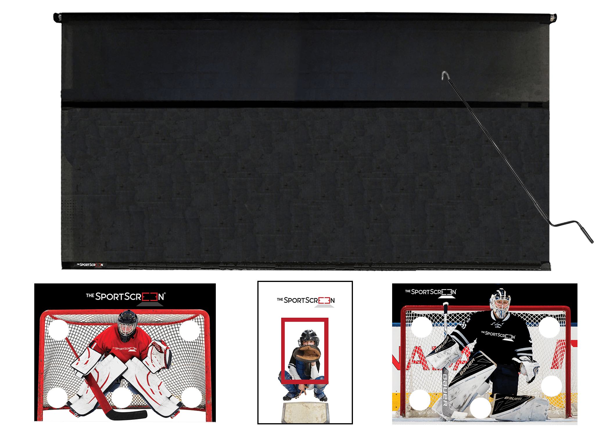 The 16ft Hand Crank MultiSport SportScreen comes with 3 targets of your choice, red hockey, baseball and black hockey and which velcro to the retractable screen designed for shooting and passing and  featuring a hand crank for easy operation and durable construction.