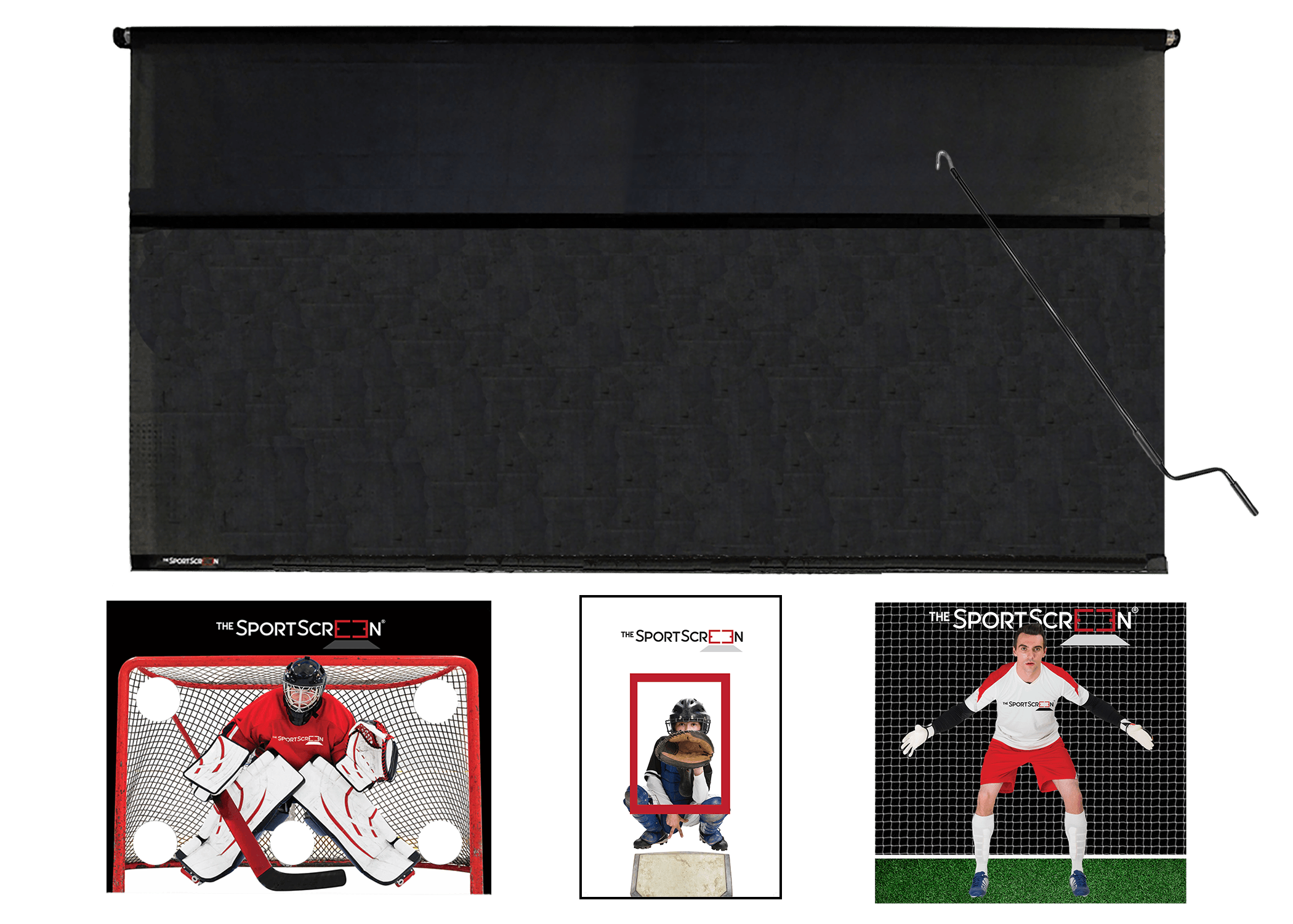 The 16ft Hand Crank MultiSport SportScreen comes with 3 targets of your choice, red hockey, baseball and soccer and which velcro to the retractable screen designed for shooting and passing and  featuring a hand crank for easy operation and durable construction.