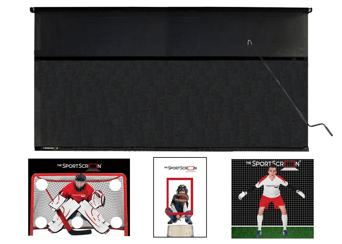 16ft Hand Crank Multi-Sport SportScreen Bundle with red hockey, baseball and soccer velcro targets