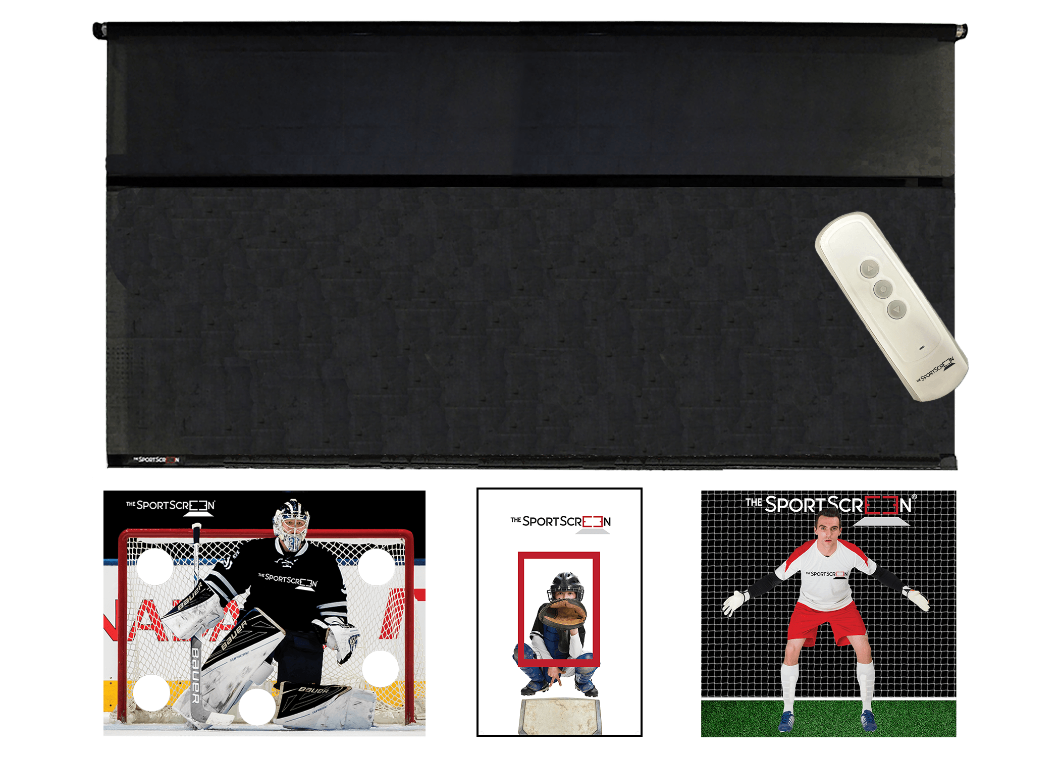 The 16ft Remote Control MultiSport SportScreen comes with 3 targets of your choice, baseball, black hockey and soccer and which velcro to the retractable screen designed for shooting and passing and  featuring a remote control compatible with Alexa for easy operation and durable construction.