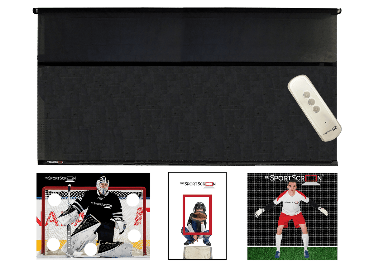 16ft Remote Control Multi-Sport SportScreen Bundle with black hockey, baseball and soccer velcro targets