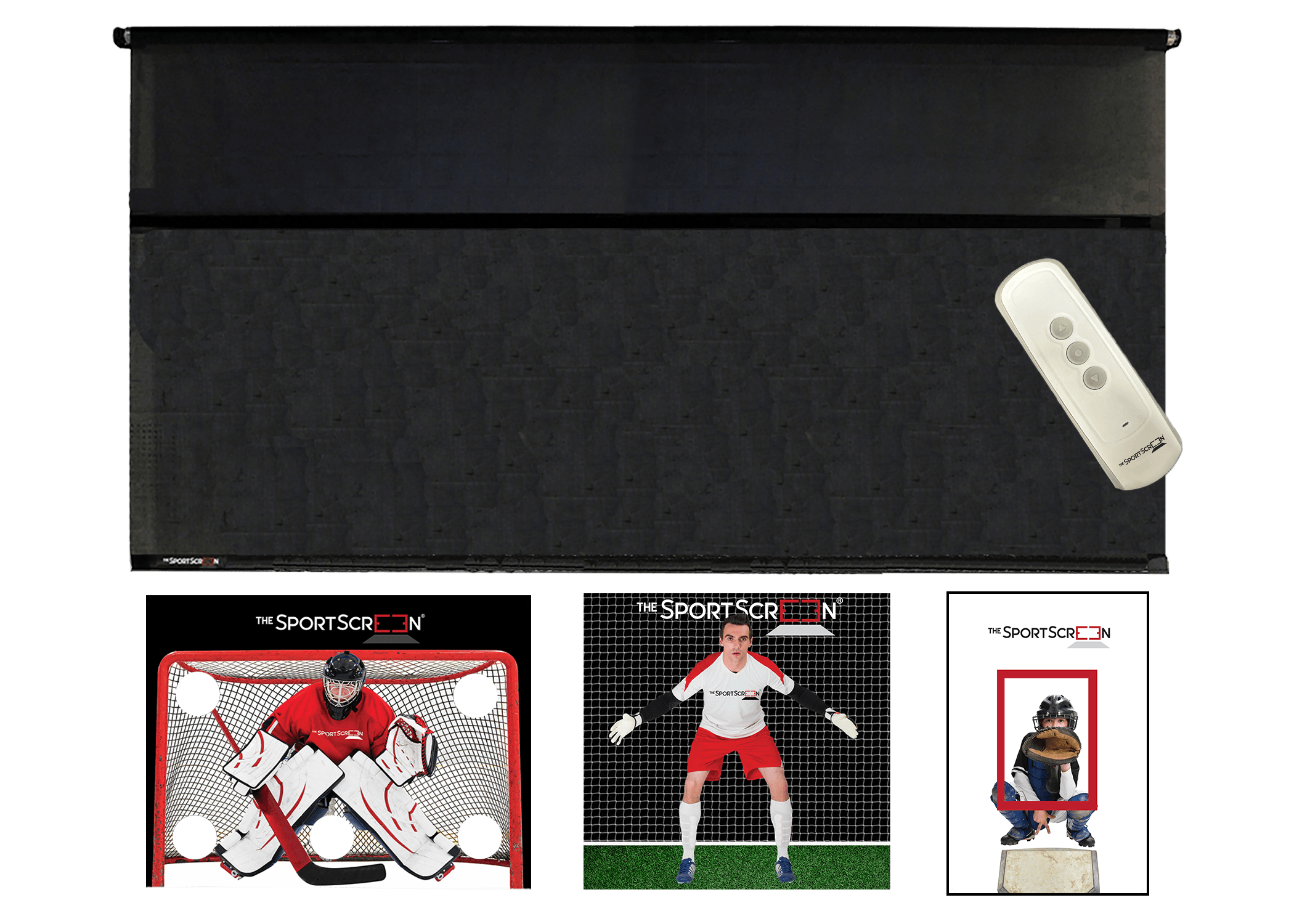 The 16ft Remote Control MultiSport SportScreen comes with 3 targets of your choice, soccer, red hockey and baseball and which velcro to the retractable screen designed for shooting and passing and  featuring a remote control compatible with Alexa for easy operation and durable construction.