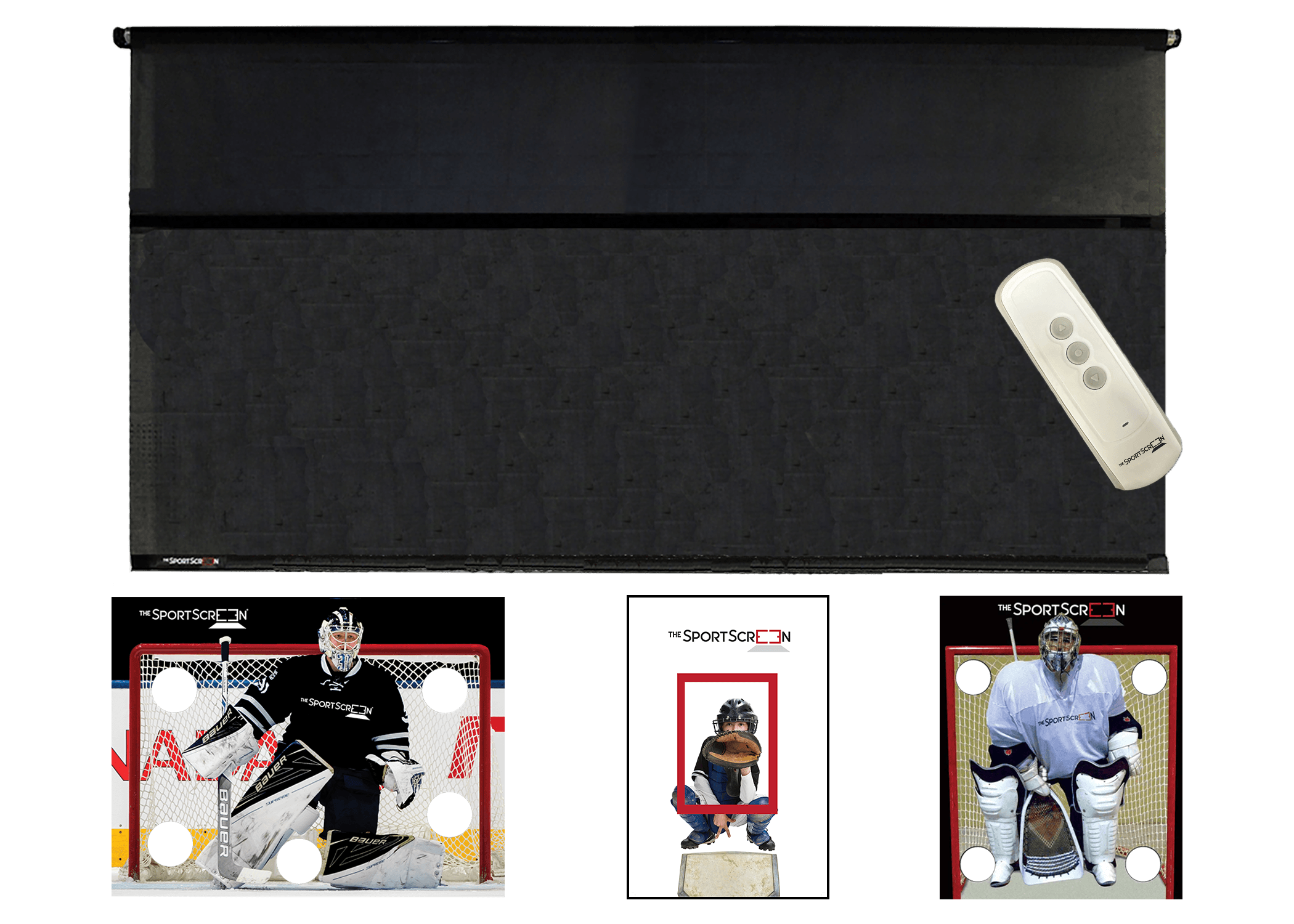 The 16ft Remote Control MultiSport SportScreen comes with 3 targets of your choice, lacrosse, black hockey and baseball and which velcro to the retractable screen designed for shooting and passing and  featuring a remote control compatible with Alexa for easy operation and durable construction.