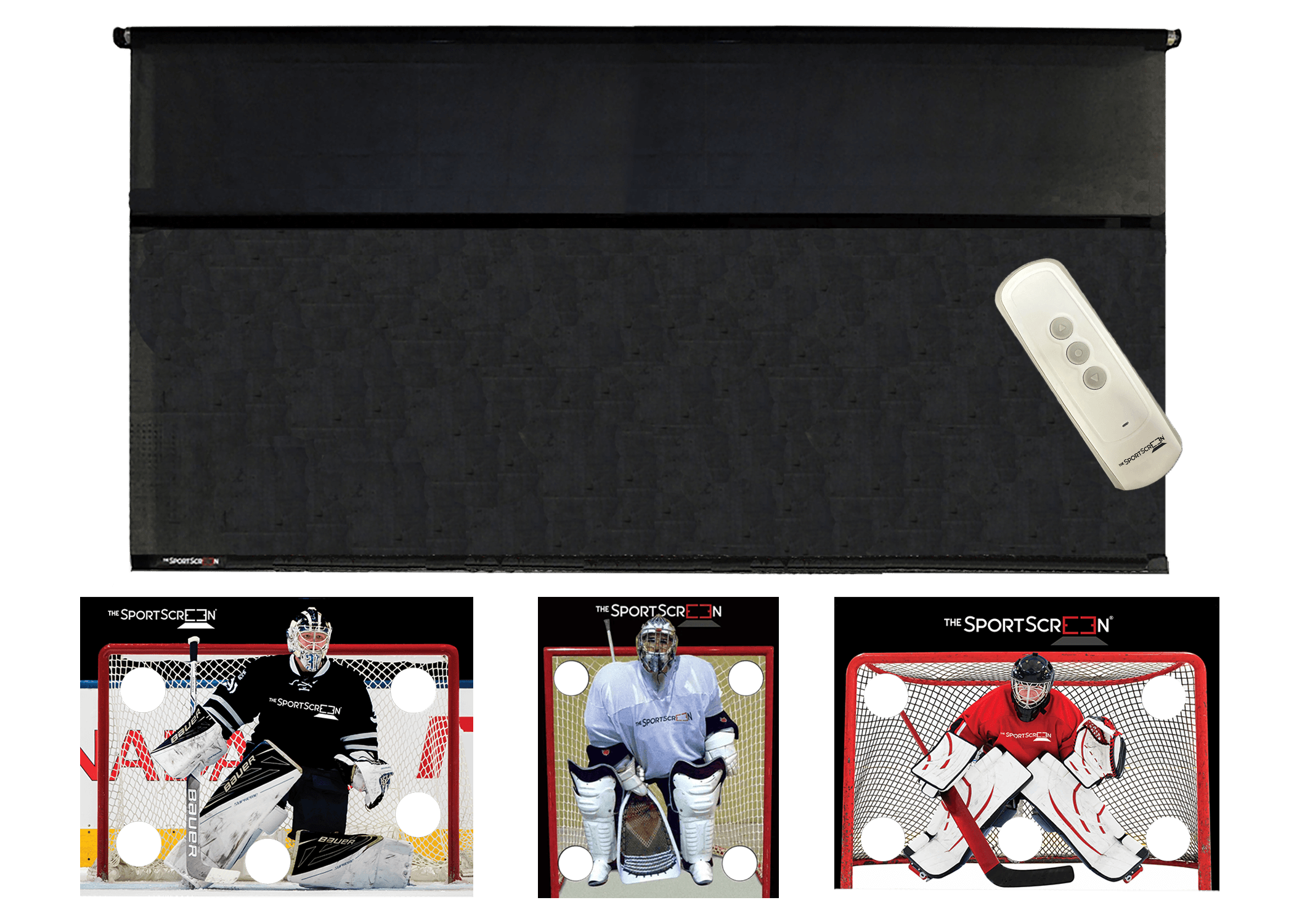 The 16ft Remote Control MultiSport SportScreen comes with 3 targets of your choice, lacrosse, black hockey and red hockey and which velcro to the retractable screen designed for shooting and passing and  featuring a remote control compatible with Alexa for easy operation and durable construction.