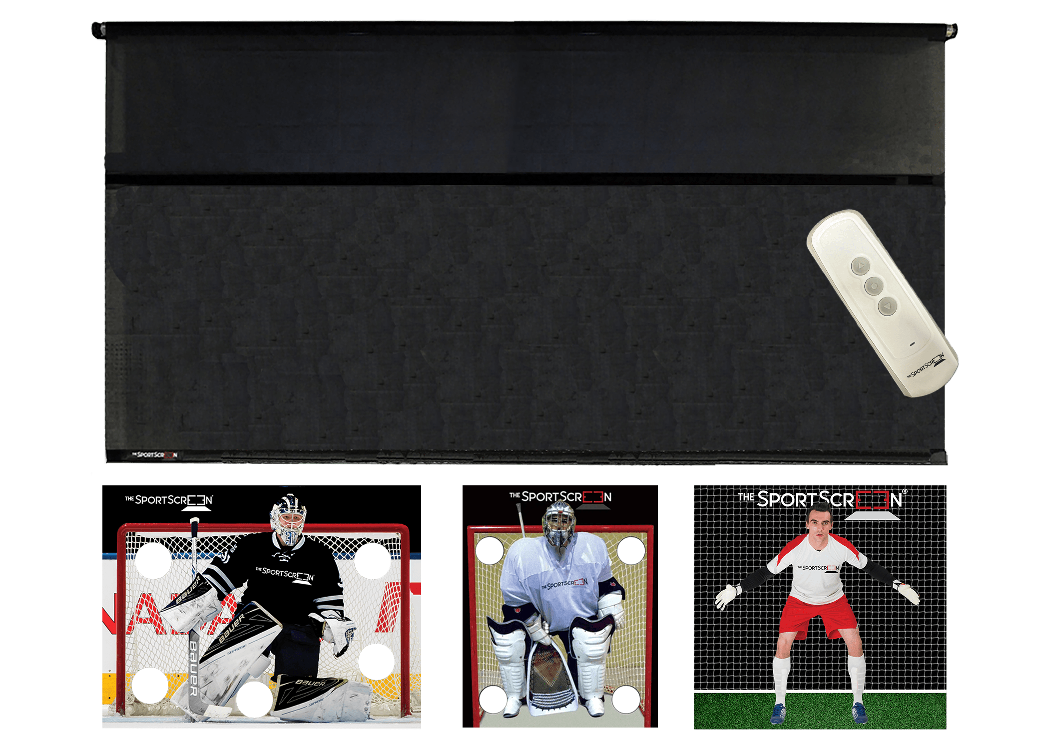 The 16ft Remote Control MultiSport SportScreen comes with 3 targets of your choice, lacrosse, black hockey and soccer and which velcro to the retractable screen designed for shooting and passing and  featuring a remote control compatible with Alexa for easy operation and durable construction.