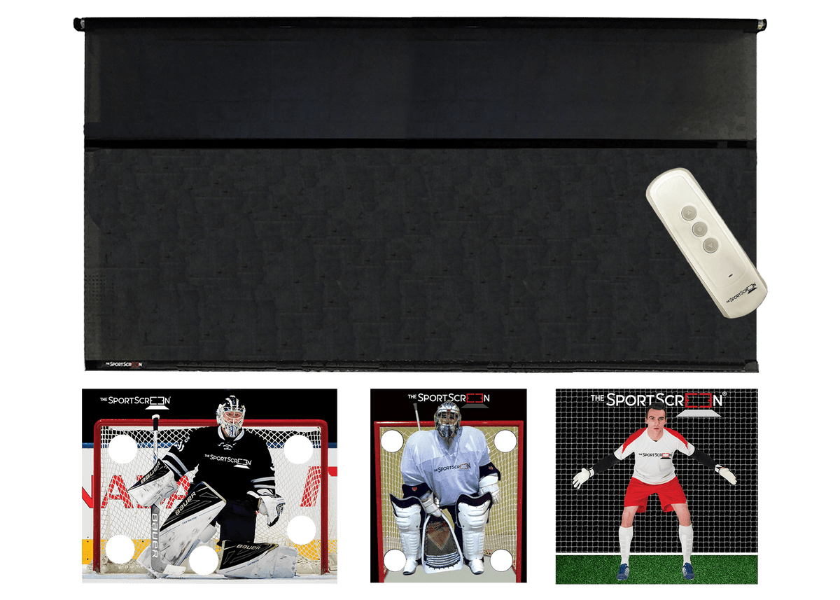 16ft Remote Control Multi-Sport SportScreen Bundle with black hockey, lacrosse and soccer velcro targets