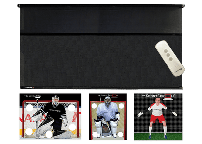 16ft Remote Control Multi-Sport SportScreen Bundle with black hockey, lacrosse and soccer velcro targets