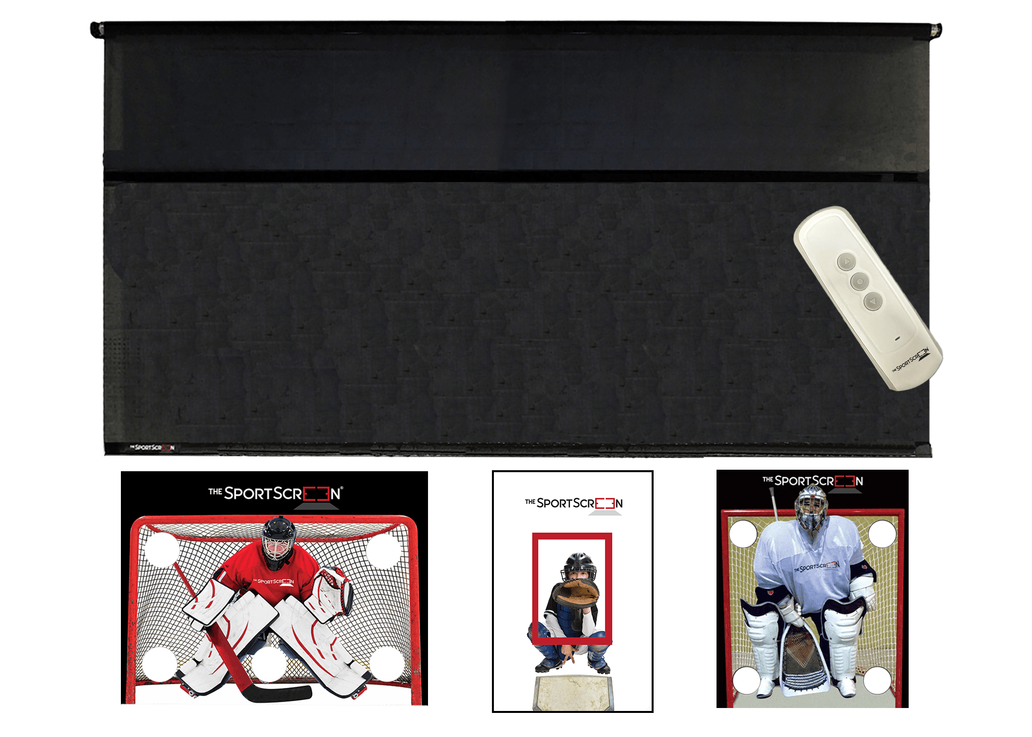 The 16ft Remote Control MultiSport SportScreen comes with 3 targets of your choice, lacrosse, red hockey and baseball and which velcro to the retractable screen designed for shooting and passing and  featuring a remote control compatible with Alexa for easy operation and durable construction.