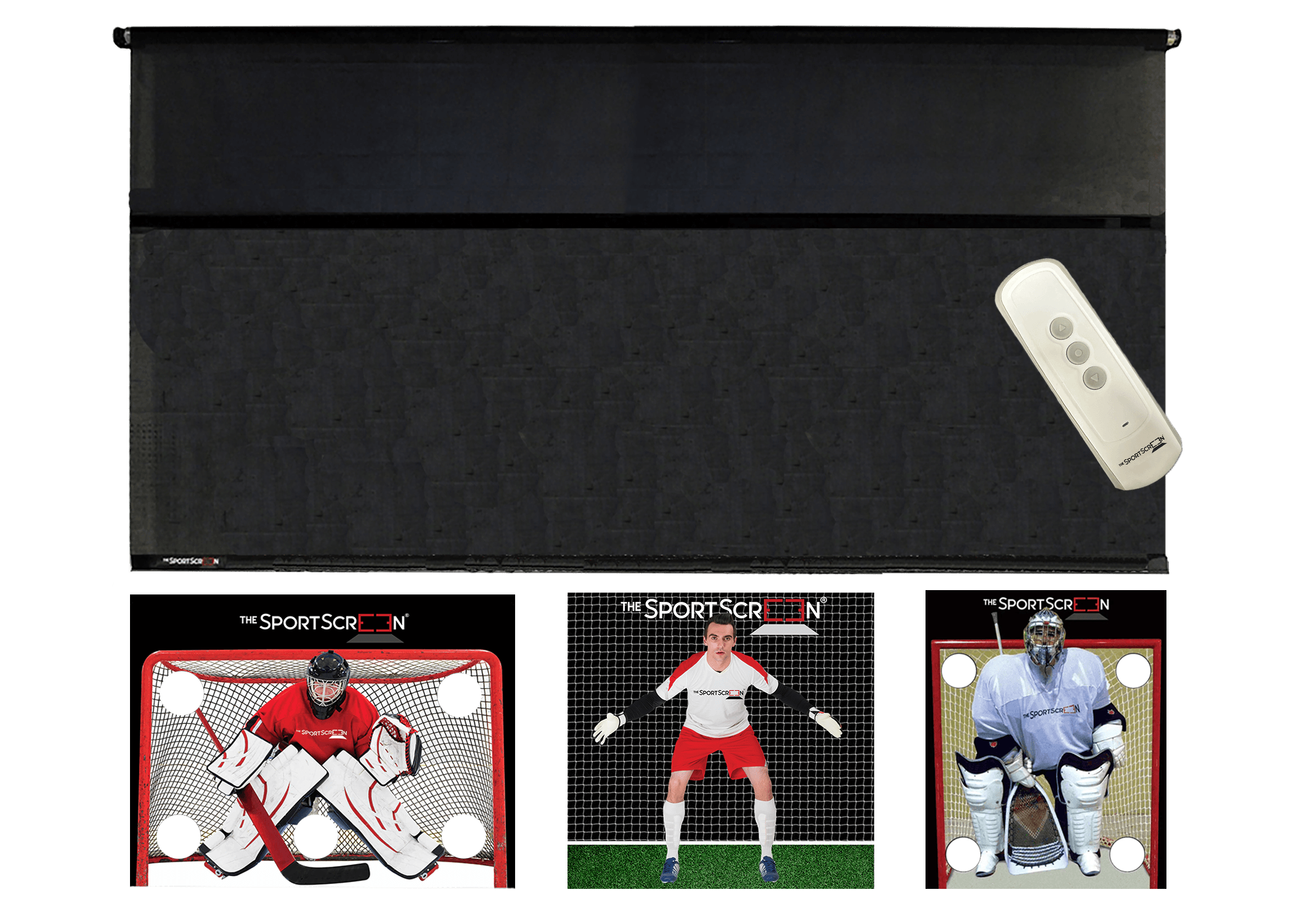 The 16ft Remote Control MultiSport SportScreen comes with 3 targets of your choice, lacrosse, red hockey and soccer and which velcro to the retractable screen designed for shooting and passing and  featuring a remote control compatible with Alexa for easy operation and durable construction.