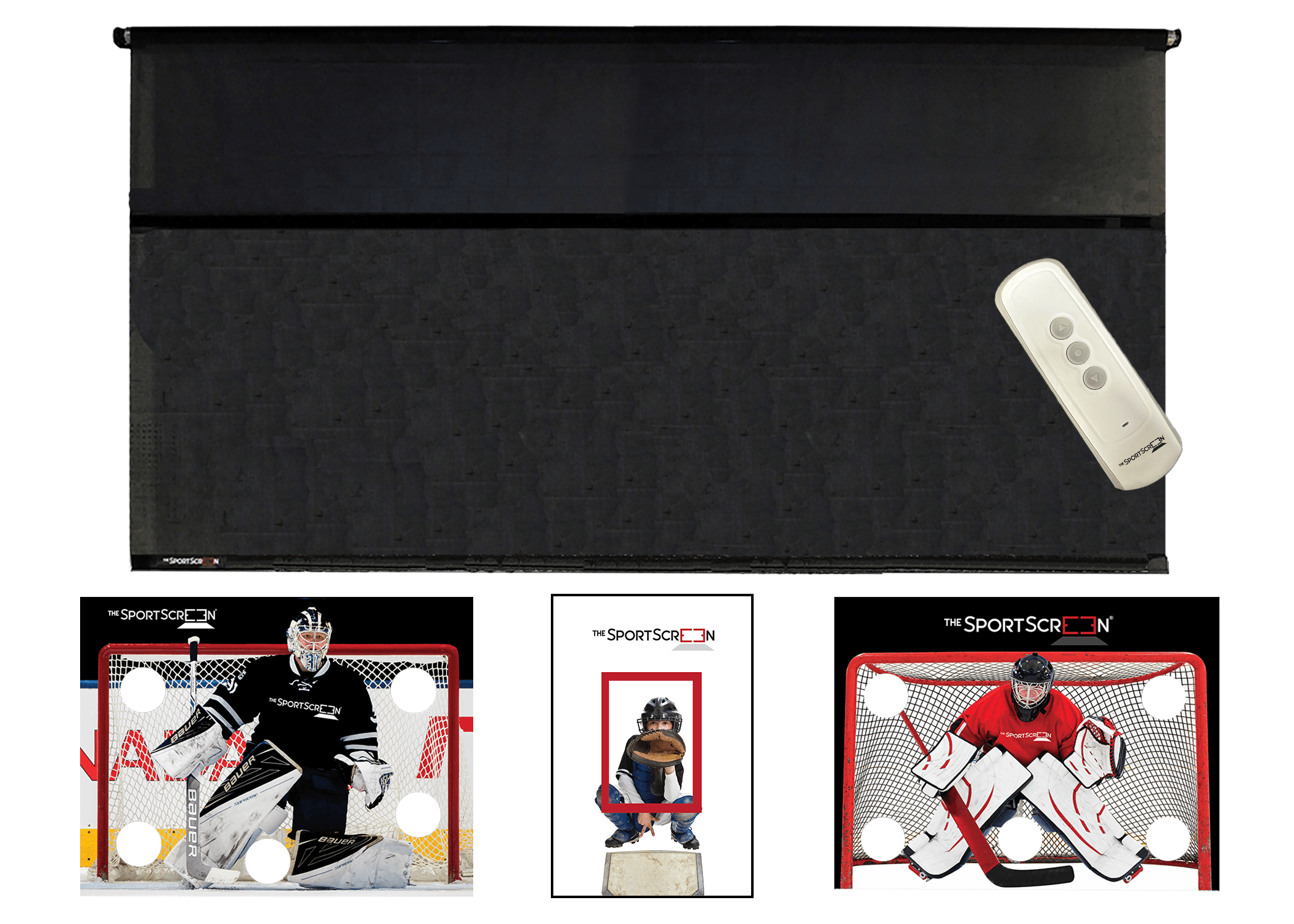 The 16ft Remote Control MultiSport SportScreen comes with 3 targets of your choice, baseball, black hockey and red hockey and which velcro to the retractable screen designed for shooting and passing and  featuring a remote control compatible with Alexa for easy operation and durable construction.