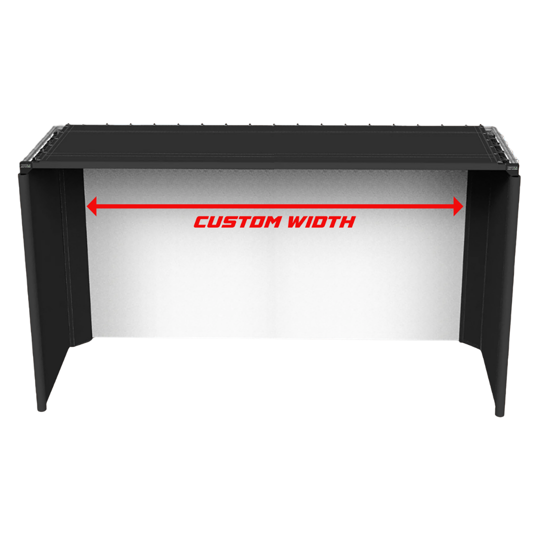 Custom width Parlour golf enclosure with white impact screen and red custom-width arrow