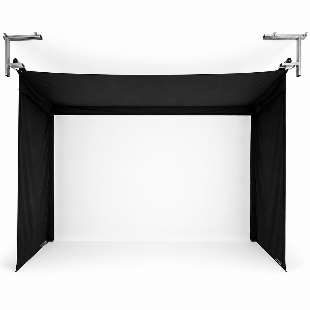 Vanish 13H retractable golf enclosure with white impact screen fully deployed