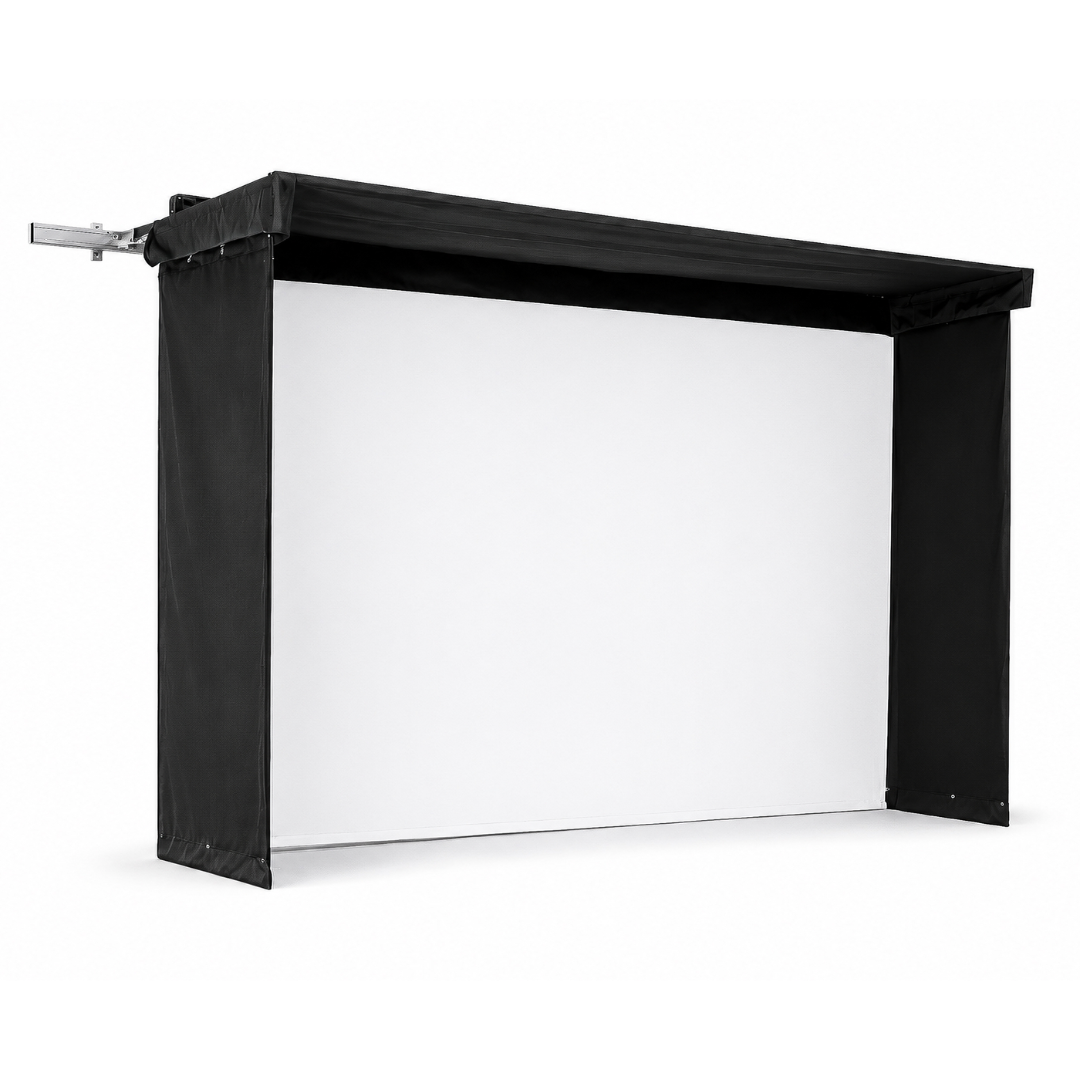 Side view of Vanish Lite 13 retractable golf enclosure with white impact screen